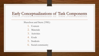 Shavelson and Stern (1981):
1. Content
2. Materials
3. Activities
4. Goals
5. Students
6. Social community
 