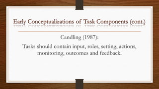 Candling (1987):
Tasks should contain input, roles, setting, actions,
monitoring, outcomes and feedback.
 