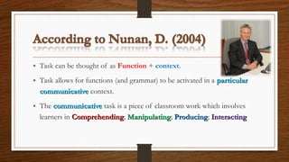 • Task can be thought of as Function + context.
• Task allows for functions (and grammar) to be activated in a particularparticular
communicativecommunicative context.
• The communicativecommunicative task is a piece of classroom work which involves
learners in ComprehendingComprehending; ManipulatingManipulating; ProducingProducing; InteractingInteracting
 