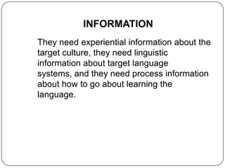 INFORMATION
They need experiential information about the
target culture, they need linguistic
information about target language
systems, and they need process information
about how to go about learning the
language.

 
