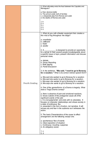 5. What ultimately ends the feud between the Capulets and
Montagues?
a. final, decisive battle
b. The prince’s exile both of families
c. a desperate plea from Romeo and Juliet
d. the deaths of Romeo and Juliet
1. b
2. a
3. c
4. b
5. d
Fourth Grading
1. What do you call a theater equipment that creates a
thin mist of fog throughout the stage?
a. crossfader
b. callboard
c. hazer
d. woofer
2. A ___________ is designed to provide an opportunity
for a group to hear several people knowledgeable about
a specific issue or topic, present information and discuss
personal views.
a. debate
b. Group Reporting
c. Role playing
d. Panel Discussion
3. In the sentence, “Mia said, “I want to go to Boracay
for a vacation.” What is its correct indirect speech form?
a. Mia said she wanted to go to Boracay for a vacation
b. Mia said she wants to go to Boracay for a vacation.
c. Mia says she wanted to go to Boracay for a vacation.
d. Mia says she wants to go to Boracay for a vacation.
4. One of the genres/forms of a Drama is tragedy. What
does a Tragic Drama convey?
a. there is absence of pain and emotional reactions,
b. forces outside of the protagonist cause all of the
significant events of the plot
c. It is non-judgmental and ends with no absolutes. It
focuses on character relationships and shows society in
a state of continuous flux.
d. presented in the form of action, not narrative. It will
arouse pity and fear in the audience as it witnesses the
action.
5. The basic Characteristics of the cause to effect
arrangement are the following except one:
a. spontaneous flow of events
b. Clear exposition of situation
c. Continuous mounting suspense
d. An obligatory scene
1. c
2. d
 
