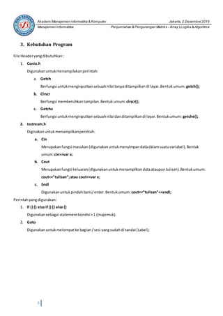 Pengurangan & Penjumlahan Matriks Array Menggunakan C++ | DOCX