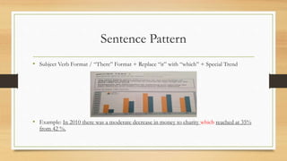Sentence Pattern
• Subject Verb Format / “There” Format + Replace “it” with “which” + Special Trend
• Example: In 2010 there was a moderate decrease in money to charity which reached at 35%
from 42 %.
 