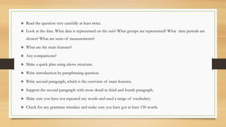  Read the question very carefully at least twice.
 Look at the data. What data is represented on the axis? What groups are represented? What time periods are
shown? What are units of measurements?
 What are the main features?
 Any comparisons?
 Make a quick plan using above structure.
 Write introduction by paraphrasing question.
 Write second paragraph, which is the overview of main features.
 Support the second paragraph with more detail in third and fourth paragraph.
 Make sure you have not repeated any words and used a range of vocabulary.
 Check for any grammar mistakes and make sure you have got at least 150 words.
 