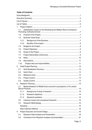 Managing a Successful Business Project
Page | 3
Table of Contents
Acknowledgment ....................................................................................................... 1
Executive Summery................................................................................................... 2
List of Figures............................................................................................................ 5
List of Tables............................................................................................................. 6
1. Project Initiation.................................................................................................. 7
1.1. Globalization Impact on the Developing the Maliban Biscuit Company’s
Promoting multinational level ................................................................................. 7
1.2. Purpose of the Project:................................................................................ 7
1.3. Business Case Study .................................................................................. 7
1.3.1. Background of the Business:................................................................ 7
1.3.2. Benefits of the project:.......................................................................... 8
1.4. Budget for the Project.................................................................................. 8
1.5. Project Objectives ....................................................................................... 9
1.6. Scope of the Project.................................................................................... 9
1.7. Project Deliverables (Outcomes)................................................................. 9
1.8. Risks ......................................................................................................... 10
1.9. Assumptions.............................................................................................. 11
1.10. Project roles and responsibilities............................................................ 11
2. Initial Project Planning...................................................................................... 12
2.1. Work Breakdown Structure........................................................................ 12
2.2. Gantt Chart................................................................................................ 13
2.3. Milestone Chart ......................................................................................... 13
2.4. Project Control .......................................................................................... 13
2.5. Quality Control .......................................................................................... 13
3. Research Planning ........................................................................................... 14
3.1. Market Research of Middle East consumer’s perceptions in Sri Lankan
Biscuit Products. .................................................................................................. 14
3.1.1. Background of study of research........................................................ 14
3.1.2. Research objectives........................................................................... 14
3.1.3. Research questions............................................................................ 14
3.2. Literature review and conceptual framework ............................................. 15
3.3. Research Methodology.............................................................................. 15
Sampling .......................................................................................................... 15
Data Collection Method .................................................................................... 15
4. Project Execution and Control Stage ................................................................ 16
4.1. Research Data Analysis and Presentation................................................. 18
5.2. Conclusion from Research analysis and presentation ............................... 21
 