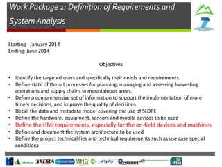 Work Package 1: Definition of Requirements and
System Analysis
Starting : January 2014
Ending: June 2014
Objectives
• Identify the targeted users and specifically their needs and requirements.
• Define state of the art processes for planning, managing and assessing harvesting
operations and supply chains in mountainous areas.
• Define a comprehensive set of information to support the implementation of more
timely decisions, and improve the quality of decisions
• Detail the data and metadata model covering the use of SLOPE
• Define the hardware, equipment, sensors and mobile devices to be used
• Define the HMI requirements, especially for the on-field devices and machines
• Define and document the system architecture to be used
• Define the project technicalities and technical requirements such as use case special
conditions
 