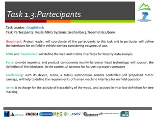 Task 1.3:Partecipants
Task Leader: Graphitech
Task Partecipants: Kesla,MHG Systems,Greifenberg,Treemetrics,Itene
Graphitech: Project leader, will coordinate all the partecipants to this task and in particular will define
the interfaces for on field in vehicle devices considering easyness of use.
MHG and Treemetrics: will define the web and mobile interfaces for forestry data analysis
Kesla: provide expertise and product components mainly harvester head technology, will support the
definition of the interfaces in the context of useness for harvesting expert operators
Greifenberg: with its device, Tecno, a totally autonomous remote controlled self propellled motor
carriage, will help to define the requirements of human machine interface for on field operation
Itene: is in charge for the activity of traceability of the wood, and assisted in interface definition for tree
marking.
 