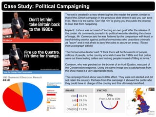 Case Study: Political Campaigning
The text is created in a way where it gives the reader the power, similar to
that of the 20mph campaign in the previous slide where it said you can save
lives. Here it is the same, ‘Don’t let him’ is giving you the public the chance
to stop that from happening.
Impact: Labour was accused of ‘scoring an own goal’ after the release of
the poster. As comments poured in to political websites deriding the choice
of image, Mr. Cameron said he was flattered by the comparison with Hunt, a
hard-drinking warrior against political correctness who describes criminals
as "scum" and is not afraid to bend the rules to secure an arrest. (Taken
from a telegraph article)
The Conservative leader said: "I think there will be thousands of people,
millions of people, in the country who wish it was the 1980s and that police
were out there feeling collars and nicking people instead of filling in forms.”
Cameron, who was perched on the bonnet of an Audi Quattro, was part of
the Conservative response. Using the same image and a catchphrase from
the show made it a very appropriate reply.
The campaign from Labour was to little affect. They were not elected and did
not retain the country. Perhaps from this campaign it showed the public who
they could have in charge of the country and this ultimately backfired.
 