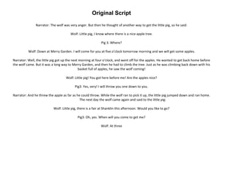 Original Script
Narrator: The wolf was very anger. But then he thought of another way to get the little pig, so he said:
Wolf: Little pig, I know where there is a nice apple tree.
Pig 3: Where?
Wolf: Down at Merry Garden. I will come for you at five o’clock tomorrow morning and we will get some apples.
Narrator: Well, the little pig got up the next morning at four o’clock, and went off for the apples. He wanted to get back home before
the wolf came. But it was a long way to Merry Garden, and then he had to climb the tree. Just as he was climbing back down with his
basket full of apples, he saw the wolf coming!
Wolf: Little pig! You got here before me! Are the apples nice?
Pig3: Yes, very! I will throw you one down to you.
Narrator: And he threw the apple as far as he could throw. While the wolf ran to pick it up, the little pig jumped down and ran home.
The next day the wolf came again and said to the little pig:
Wolf: Little pig, there is a fair at Shanklin this afternoon. Would you like to go?
Pig3: Oh, yes. When will you come to get me?
Wolf: At three
 