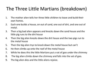 The Three Little Martians (breakdown)
1. The mother alien tells her three little children to leave and build their
own homes.
2. Each one builds a house, on out of sand, one out of dirt, and one out of
metal.
3. Then a big bad alien appears and knocks down the sand house and the
little pig runs to the dirt house
4. Then the big alien knocks down the dirt house and the two pigs run to
the metal house
5. Then the big alien trys to knock down the metal house but can’t
6. He then climbs up onto the roof of the metal house
7. While he does this the little Martians put a vat of goo under the chimney
8. The big alien climbs down the chimney and falls into the vat of goo.
9. The big alien dies and the little aliens rejoice.
 