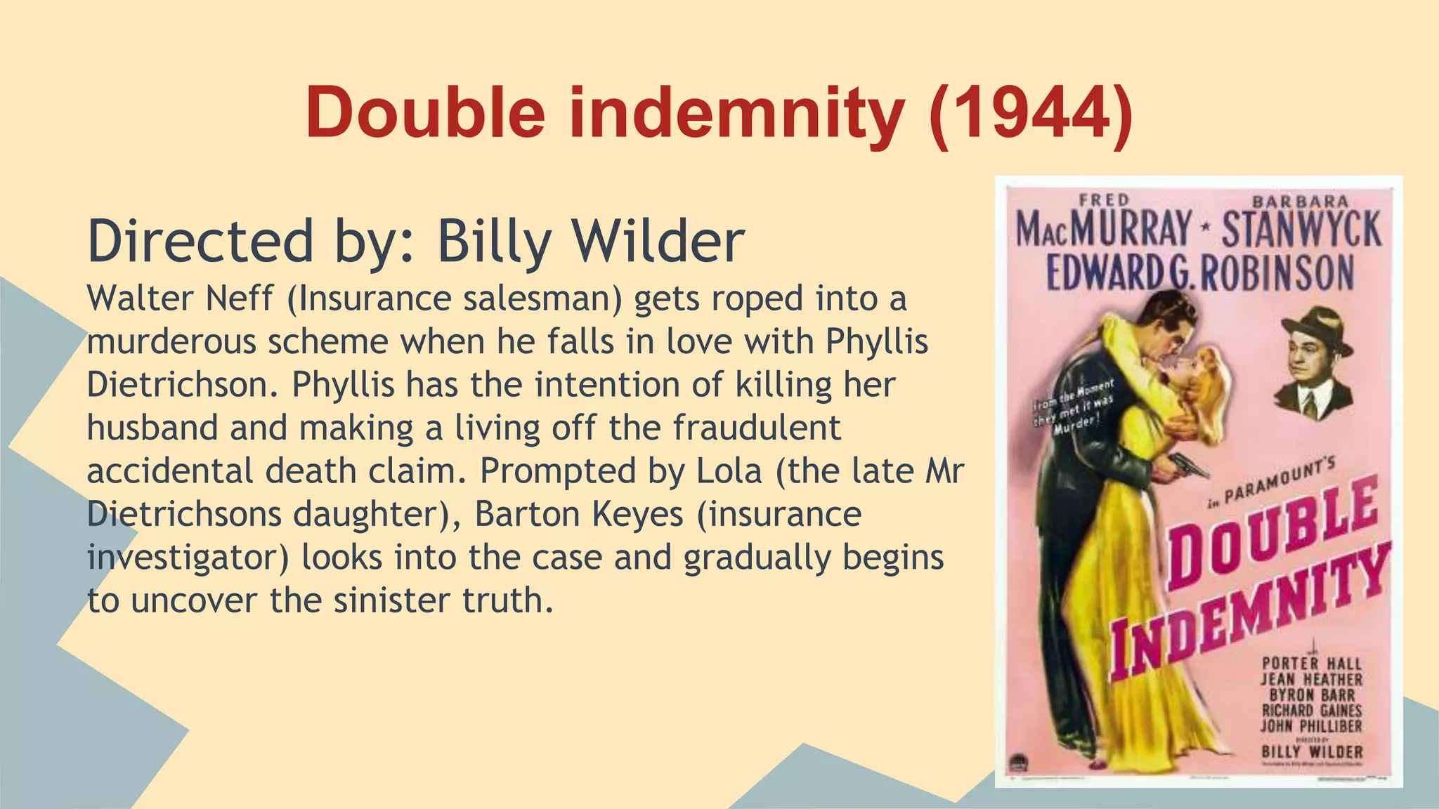 Double indemnity (1944)
Directed by: Billy Wilder
Walter Neff (Insurance salesman) gets roped into a
murderous scheme when he falls in love with Phyllis
Dietrichson. Phyllis has the intention of killing her
husband and making a living off the fraudulent
accidental death claim. Prompted by Lola (the late Mr
Dietrichsons daughter), Barton Keyes (insurance
investigator) looks into the case and gradually begins
to uncover the sinister truth.
 