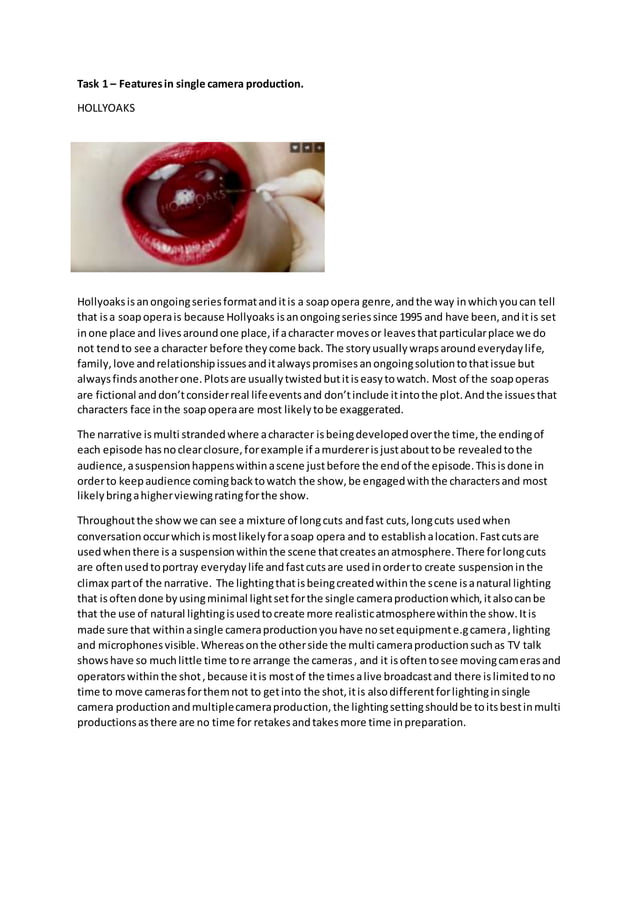 Task 1 Features in single camera production PDF