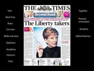 Title
Base lines
Rules
Cut-outs
Blobs and stars
Datelines
Headlines
Columns
Font
Typeface
Portrait
orientation
Strapline
Optical balance
 