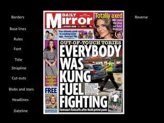 Borders
Base lines
Rules
Font
Title
Strapline
Cut-outs
Blobs and stars
Headlines
Dateline
Reverse
 
