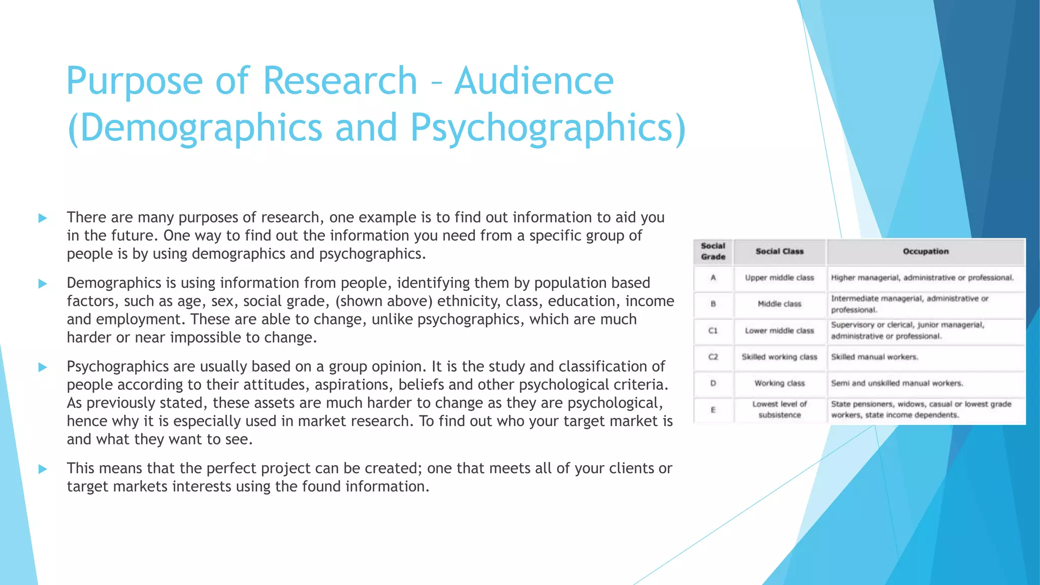 Purpose of Research – Audience
(Demographics and Psychographics)
 There are many purposes of research, one example is to find out information to aid you
in the future. One way to find out the information you need from a specific group of
people is by using demographics and psychographics.
 Demographics is using information from people, identifying them by population based
factors, such as age, sex, social grade, (shown above) ethnicity, class, education, income
and employment. These are able to change, unlike psychographics, which are much
harder or near impossible to change.
 Psychographics are usually based on a group opinion. It is the study and classification of
people according to their attitudes, aspirations, beliefs and other psychological criteria.
As previously stated, these assets are much harder to change as they are psychological,
hence why it is especially used in market research. To find out who your target market is
and what they want to see.
 This means that the perfect project can be created; one that meets all of your clients or
target markets interests using the found information.
 