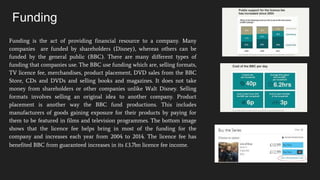 Funding
Funding is the act of providing financial resource to a company. Many
companies are funded by shareholders (Disney), whereas others can be
funded by the general public (BBC). There are many different types of
funding that companies use. The BBC use funding which are, selling formats,
TV licence fee, merchandises, product placement, DVD sales from the BBC
Store, CDs and DVDs and selling books and magazines. It does not take
money from shareholders or other companies unlike Walt Disney. Selling
formats involves selling an original idea to another company. Product
placement is another way the BBC fund productions. This includes
manufacturers of goods gaining exposure for their products by paying for
them to be featured in films and television programmes. The bottom image
shows that the licence fee helps bring in most of the funding for the
company and increases each year from 2004 to 2014. The licence fee has
benefited BBC from guaranteed increases in its £3.7bn licence fee income.
 