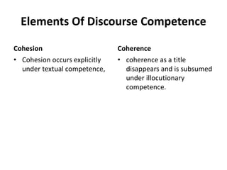 Elements Of Discourse Competence
Cohesion
• Cohesion occurs explicitly
under textual competence,
Coherence
• coherence as a title
disappears and is subsumed
under illocutionary
competence.
 