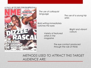 The use of colloquial
         language
                                    The use of a young hip
                                    artist.

        Bold writing immediately
        catches the eyes
                                         Bright and vibrant
                                         colours
              Variety of featured
              artists in the
              magazine


                        The eye contact produced
                        through the rule of thirds



METHODS USED TO ATTRACT THIS TARGET
AUDIENCE ARE:
 
