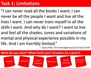 Task 1: Limitations
“I can never read all the books I want; I can
never be all the people I want and live all the
lives I want. I can never train myself in all the
skills I want. And why do I want? I want to live
and feel all the shades, tones and variations of
mental and physical experience possible in my
life. And I am horribly limited.”
― Sylvia Plath, The Unabridged Journals of Sylvia Plath
What do you want? What limits you? Answers on a post it.
money confidence opportunitysocial
pressure
Expectations
of others
media
pressure
 