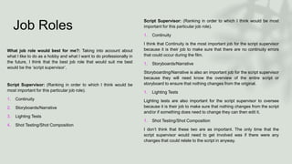 Job Roles
What job role would best for me?: Taking into account about
what I like to do as a hobby and what I want to do professionally in
the future, I think that the best job role that would suit me best
would be the ‘script supervisor’.
Script Supervisor: (Ranking in order to which I think would be
most important for this particular job role).
1. Continuity
2. Storyboards/Narrative
3. Lighting Tests
4. Shot Testing/Shot Composition
Script Supervisor: (Ranking in order to which I think would be most
important for this particular job role).
1. Continuity
I think that Continuity is the most important job for the script supervisor
because it is their job to make sure that there are no continuity errors
that could occur during the film.
1. Storyboards/Narrative
Storyboarding/Narrative is also an important job for the script supervisor
because they will need know the overview of the entire script or
storyboard to ensure that nothing changes from the original.
1. Lighting Tests
Lighting tests are also important for the script supervisor to oversee
because it is their job to make sure that nothing changes from the script
and/or if something does need to change they can then edit it.
1. Shot Testing/Shot Composition
I don’t think that these two are as important. The only time that the
script supervisor would need to get involved was if there were any
changes that could relate to the script in anyway.
 