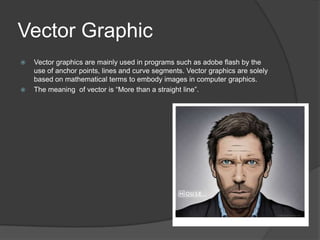 Vector Graphic
 Vector graphics are mainly used in programs such as adobe flash by the
use of anchor points, lines and curve segments. Vector graphics are solely
based on mathematical terms to embody images in computer graphics.
 The meaning of vector is “More than a straight line”.
 
