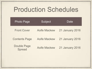 Production Schedules
Photo Page Subject Date
Front Cover Aoife Mackew 21 January 2016
Contents Page Aoife Mackew 21 January 2016
Double Page
Spread
Aoife Mackew 21 January 2016
 