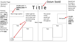 Double Page
Spread 2
(fonts)
Main image
Main image caption
T i t l e
Pull quote
Page
number
Text
TextText
Text
Dotum (bold) Spaced out
to create a
clear affect,
interesting to
look at and
appealing.
This spread
I think
would suit
sans serif
throughout.
Thinking
about using
the ….font in
capitals and
italic for the
main image
caption and
pull quote to
emphasise
there
differences
from the rest
of the text.
CALIBRI LIGHT in
capitals, bold and
italic.
CALIBRI
LIGHT in
capitals,
bold and
italic.
Calibri Light for
text and number
as it is clear and
not dominating
the image.
 