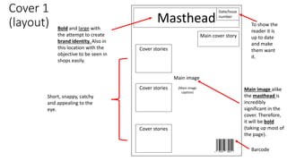 Cover 1
(layout) Masthead
Date/Issue
number
Main image
Bold and large with
the attempt to create
brand identity. Also in
this location with the
objective to be seen in
shops easily.
Main image alike
the masthead is
incredibly
significant in the
cover. Therefore,
it will be bold
(taking up most of
the page).
Main cover story
Cover stories
Barcode
Short, snappy, catchy
and appealing to the
eye.
Cover stories
Cover stories (Main image
caption)
To show the
reader it is
up to date
and make
them want
it.
 