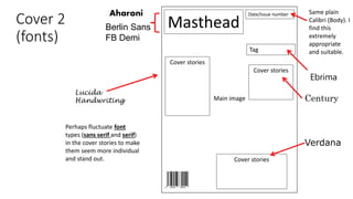Cover 2
(fonts)
Masthead
Date/Issue number
Main image
Cover stories
Cover stories
Cover stories
Tag
Same plain
Calibri (Body). I
find this
extremely
appropriate
and suitable.
Aharoni
Berlin Sans
FB Demi
Century
Ebrima
Lucida
Handwriting
Perhaps fluctuate font
types (sans serif and serif)
in the cover stories to make
them seem more individual
and stand out.
Verdana
 