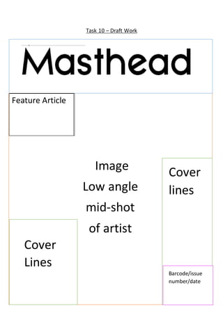 Task 10 – Draft Work
Image
Low angle
mid-shot
of artist
Feature Article
Cover
lines
Barcode/issue
number/date
Cover
Lines
 
