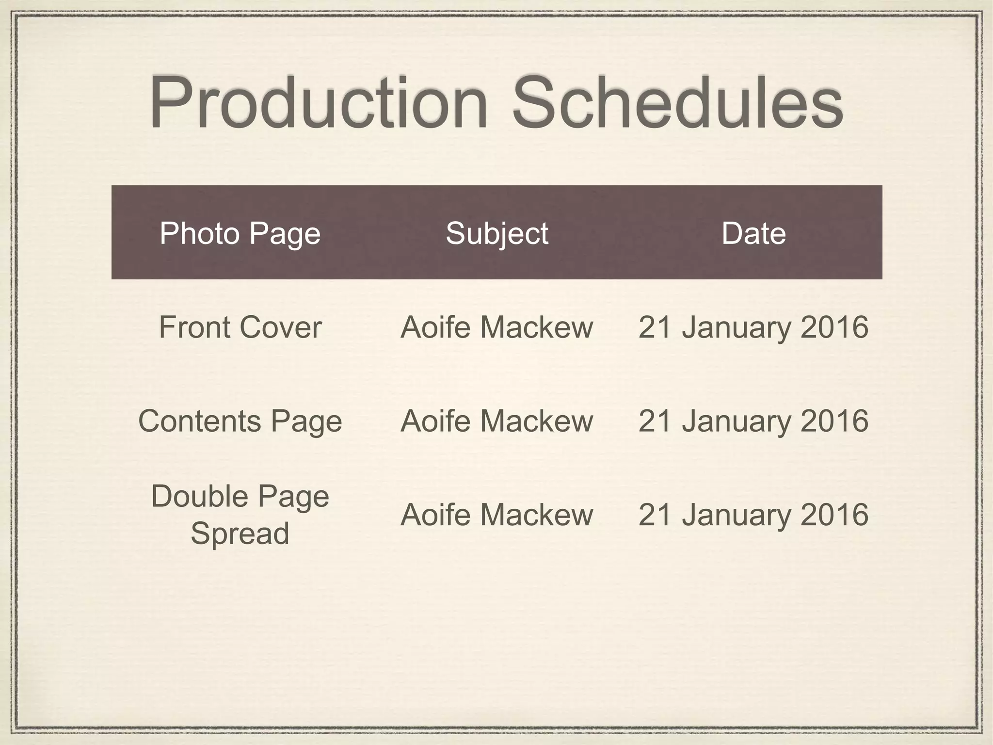 Production Schedules
Photo Page Subject Date
Front Cover Aoife Mackew 21 January 2016
Contents Page Aoife Mackew 21 January 2016
Double Page
Spread
Aoife Mackew 21 January 2016
 