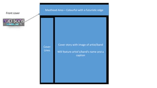 Masthead Area – Colourful with a futuristic edge
Cover
Lines
Cover story with image of artist/band
Will feature artist’s/b...