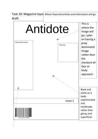 Task 10: Magazine layout
draft.
Antidote
Featured articles.
Text box
Issue 1
This is
where the
image will
go, I plan
on having a
prop
dominated
image
rather than
the
standard all
face or
body
approach.
Black and
white so it
looks
sophisticated
and
handmade
rather than
glossy and
superficial.
Where featured articles and information will go.
 
