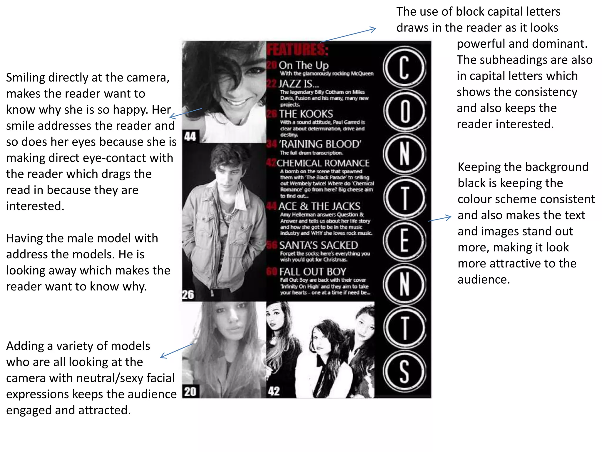 The use of block capital letters
                                  draws in the reader as it looks
                                             powerful and dominant.
                                             The subheadings are also
Smiling directly at the camera,              in capital letters which
makes the reader want to                     shows the consistency
know why she is so happy. Her                and also keeps the
smile addresses the reader and               reader interested.
so does her eyes because she is
making direct eye-contact with
                                            Keeping the background
the reader which drags the
                                            black is keeping the
read in because they are
                                            colour scheme consistent
interested.
                                            and also makes the text
                                            and images stand out
Having the male model with
                                            more, making it look
address the models. He is
                                            more attractive to the
looking away which makes the
                                            audience.
reader want to know why.



Adding a variety of models
who are all looking at the
camera with neutral/sexy facial
expressions keeps the audience
engaged and attracted.
 
