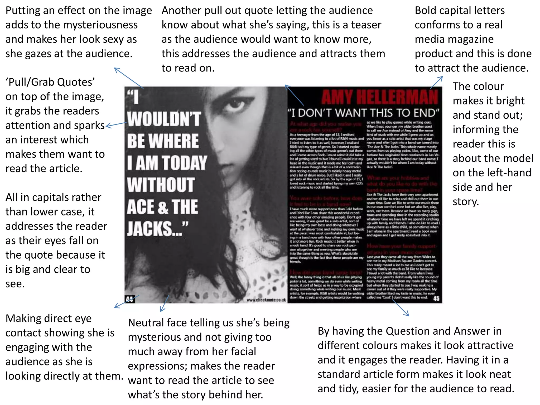 Putting an effect on the image     Another pull out quote letting the audience         Bold capital letters
adds to the mysteriousness         know about what she’s saying, this is a teaser      conforms to a real
and makes her look sexy as         as the audience would want to know more,            media magazine
she gazes at the audience.         this addresses the audience and attracts them       product and this is done
                                   to read on.                                         to attract the audience.
‘Pull/Grab Quotes’                                                                             The colour
on top of the image,                                                                           makes it bright
it grabs the readers                                                                           and stand out;
attention and sparks                                                                           informing the
an interest which                                                                              reader this is
makes them want to                                                                             about the model
read the article.                                                                              on the left-hand
                                                                                               side and her
All in capitals rather                                                                         story.
than lower case, it
addresses the reader
as their eyes fall on
the quote because it
is big and clear to
see.

Making direct eye           Neutral face telling us she’s being
contact showing she is                                             By having the Question and Answer in
                            mysterious and not giving too
engaging with the                                                  different colours makes it look attractive
                            much away from her facial
audience as she is                                                 and it engages the reader. Having it in a
                            expressions; makes the reader
looking directly at them.                                          standard article form makes it look neat
                            want to read the article to see
                                                                   and tidy, easier for the audience to read.
                            what’s the story behind her.
 