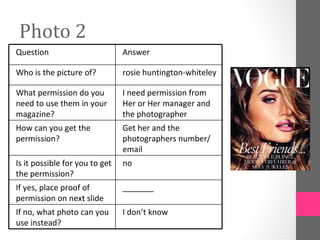 Photo 2
Question                        Answer

Who is the picture of?          rosie huntington-whiteley

What permission do you          I need permission from
need to use them in your        Her or Her manager and
magazine?                       the photographer
How can you get the             Get her and the
permission?                     photographers number/
                                email
Is it possible for you to get   no
the permission?
If yes, place proof of          _______
permission on next slide
If no, what photo can you       I don’t know
use instead?
 