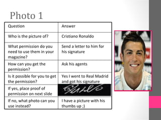 Photo 1
Question                        Answer

Who is the picture of?          Cristiano Ronaldo

What permission do you          Send a letter to him for
need to use them in your        his signature
                                                            [Insert possible
magazine?
                                                              photo 1 here]
How can you get the             Ask his agents
permission?
Is it possible for you to get   Yes I went to Real Madrid
the permission?                 and got his signature
If yes, place proof of
permission on next slide
If no, what photo can you       I have a picture with his
use instead?                    thumbs up ;)
 
