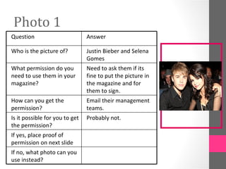 Photo 1
Question                        Answer

Who is the picture of?          Justin Bieber and Selena
                                Gomes
What permission do you          Need to ask them if its
need to use them in your        fine to put the picture in   [Insert possible
magazine?                       the magazine and for           photo 1 here]
                                them to sign.
How can you get the             Email their management
permission?                     teams.
Is it possible for you to get   Probably not.
the permission?
If yes, place proof of
permission on next slide
If no, what photo can you
use instead?
 