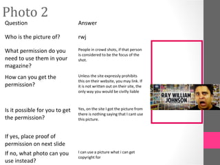 Photo 2
Question                        Answer

Who is the picture of?          rwj

What permission do you          People in crowd shots, if that person
                                is considered to be the focus of the
need to use them in your        shot.
magazine?
How can you get the             Unless the site expressly prohibits
                                this on their website, you may link. If
permission?                     it is not written out on their site, the
                                only way you would be civilly liable



Is it possible for you to get   Yes, on the site I got the picture from
                                there is nothing saying that I cant use
the permission?                 this picture.



If yes, place proof of
permission on next slide
If no, what photo can you       I can use a picture what i can get
                                copyright for
use instead?
 