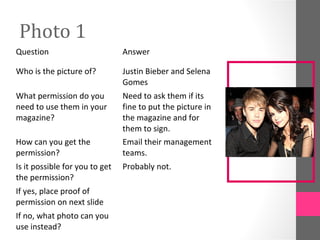 Photo 1
[Insert possible
photo 1 here]
Question Answer
Who is the picture of? Justin Bieber and Selena
Gomes
What permission do you
need to use them in your
magazine?
Need to ask them if its
fine to put the picture in
the magazine and for
them to sign.
How can you get the
permission?
Email their management
teams.
Is it possible for you to get
the permission?
Probably not.
If yes, place proof of
permission on next slide
If no, what photo can you
use instead?
 