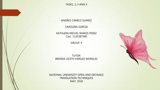TASK1, 2, 3 AND 4
ANDRES CAMILO SUAREZ
CAROLINA GARCIA
KATHLEEN MICHEL RAMOS PEREZ
Cód.. 1120387380
GROUP: 4
TUTOR:
BRENDA LICETH VARGAS MORALES
NATIONAL UNIVERSITY OPEN AND DISTANCE
TRANSLATION TECHNIQUES
MAY, 2018
 