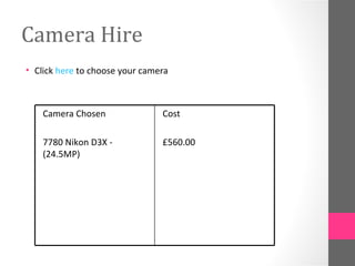Camera Hire
• Click here to choose your camera



    Camera Chosen               Cost

    7780 Nikon D3X -            £560.00
    (24.5MP)
 