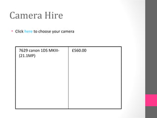 Camera Hire
• Click here to choose your camera



    7629 canon 1DS MKIII-       £560.00
    (21.1MP)
 