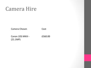 Camera Hire
Camera Chosen
Canon 1DS MKIII -
(21.1MP)
Cost
£560.00
 