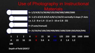 S= 1/2/4/8/15/30/60/125/250/500/1000/2000
A= 1.2/1.4/2/2.8/4/5.6/8/11/16/22 normally 6 stops (7 slots
i.e. 1.2 - 8 or 1.4 - 11 or 2 - 16 or 2.8 - 22)
F= (f auto/manual)
E= 25/50/64/100/200/400/800/1600/3200 (ISO/ASA/DIN)
Shutter speed
Aperture
Focus
Emulsion
S
A
F
E
S 1 2 4 8 15 30 60 125 250 500 1000 2000
A 22 16 11 8 5.6 4 2.8 2 1.4 1.2
100
Depth of field (DOF)?
 