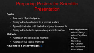 Poster
• Any piece of printed paper
• Designed to be attached to a vertical surface
• Typically includes both textual and graphic elements
• Designed to be both eye-catching and informative
Methods
• Approach one (one piece method)
• Approach two (panel method)
Advantages & Disadvantages 
Publishing Software
• Adobe InDesign
• Adobe PageMaker
• InPage
• Corel Draw
• MS Publisher
• MS PowerPoint
• QuarkXPress
 