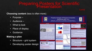 Choosing content (less is often more)
• Purpose –
• Audience –
• What to look
• Place of display
• Guidance
Making a plan
• Structure – grid system
• Developing poster design
 