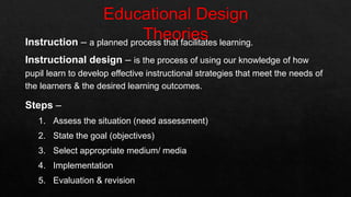 Instruction – a planned process that facilitates learning.
Instructional design – is the process of using our knowledge of how
pupil learn to develop effective instructional strategies that meet the needs of
the learners & the desired learning outcomes.
Steps –
1. Assess the situation (need assessment)
2. State the goal (objectives)
3. Select appropriate medium/ media
4. Implementation
5. Evaluation & revision
 