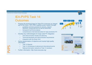 IEA INTERNATIONAL ENERGY AGENCY
PHOTOVOLTAIC POWER SYSTEMS PROGRAMME
IEA-PVPS Task 14:
Outcomes
• Prepare the technical base for Solar PV to become an integral
part of the future 100% RES supplied power system through
– guidelines and best practices for industry, network
operators, energy planners as well as authorities
– transparent technical analyses
– comprehensive international studies for high penetration PV
• Develop key methodologies for large scale PV integration
– Grid interconnection studies and planning
– Technical standards and interconnection requirements
– Integration with the Smart Grid
• Active dissemination of objective and neutral high-quality
information
– Task 14 Reports
– Task 14 Workshops at national and international events
– National information networks of Task 14 members
• Further information: http://www.iea-pvps.org/
 