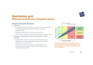 42VTT 2018
Hosting Capacity Analysis
§ Objective:
• Analyze the maximum amount of wind or PV interconnections
on a existing networks without the need of any grid
reinforcements.
• Screening method for PV/wind interconnections
• Benchmark of mitigation methods to avoid grid reinforcements
§ Example - Deployment scenario independent hosting
capacity:
• Provides the maximum amount of wind/PV that can be
integrated on a circuit regardless of where the wind/PV
interconnects to the system
• Valuable for distribution utilities and developers in the
interconnection process of many wind/PV systems (e.g.
residential roof-top PV)
Distribution grid
Objectives of distribution integration studies
Fig: Example Calculation of Hosting Capacity (Source:
Alternatives to the 15% Rule: Modeling and Hosting
Capacity Analysis of 16 Feeders. EPRI, Palo Alto, CA:
2015. 3002005812)
 